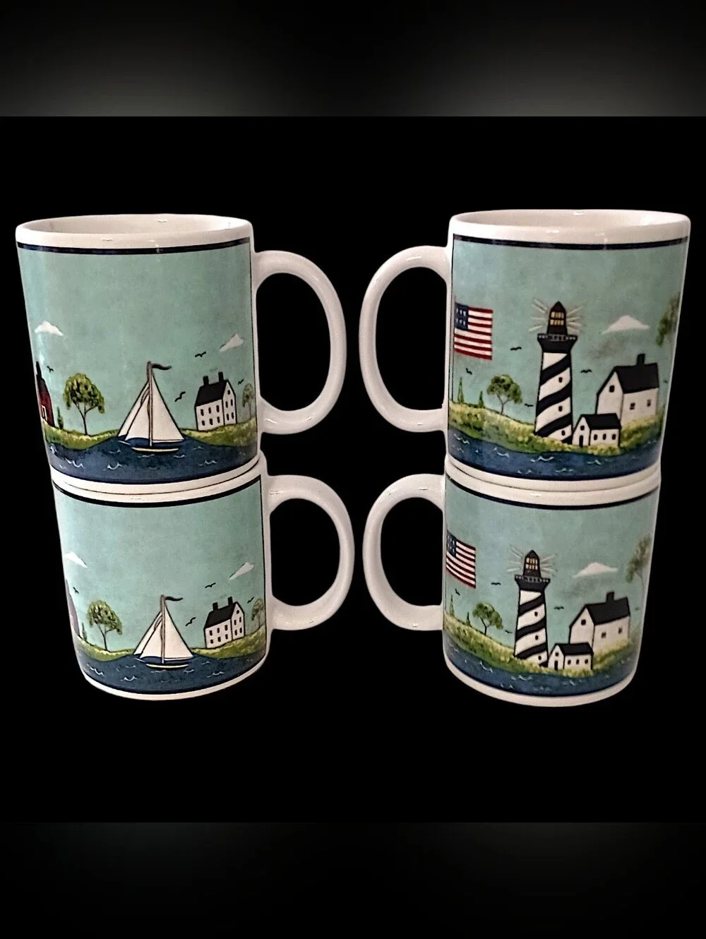 4 Vtg Sakura Coastal Breeze Coffee Mugs Warren Kimble Nautical 10oz Beach House